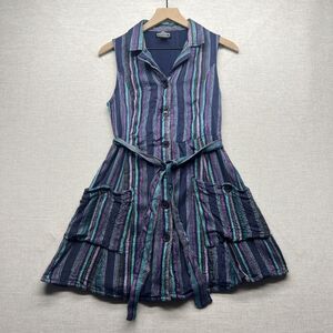 ANGIE Vertical Stripes Button Collared Mini Dress Women's L Large Hippie Belted